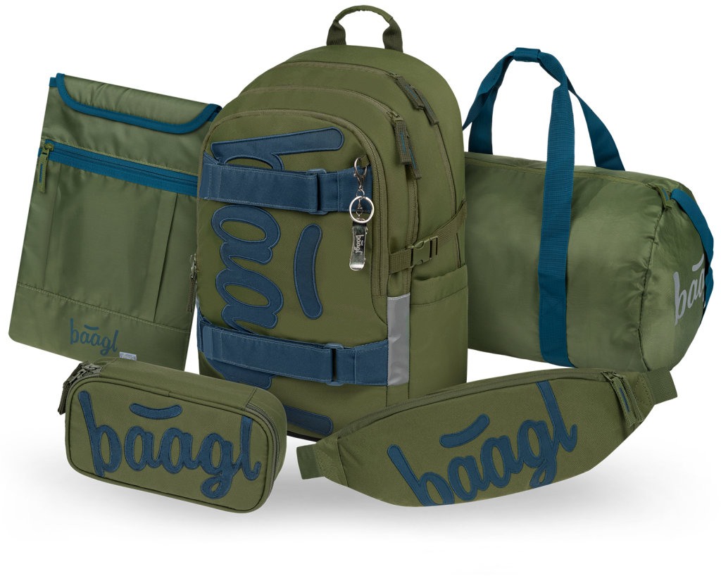BAAGL SET 5 Skate Olive: hátizsák, tolltartó, sporttáska, övtáska, laptoptartó, GRS