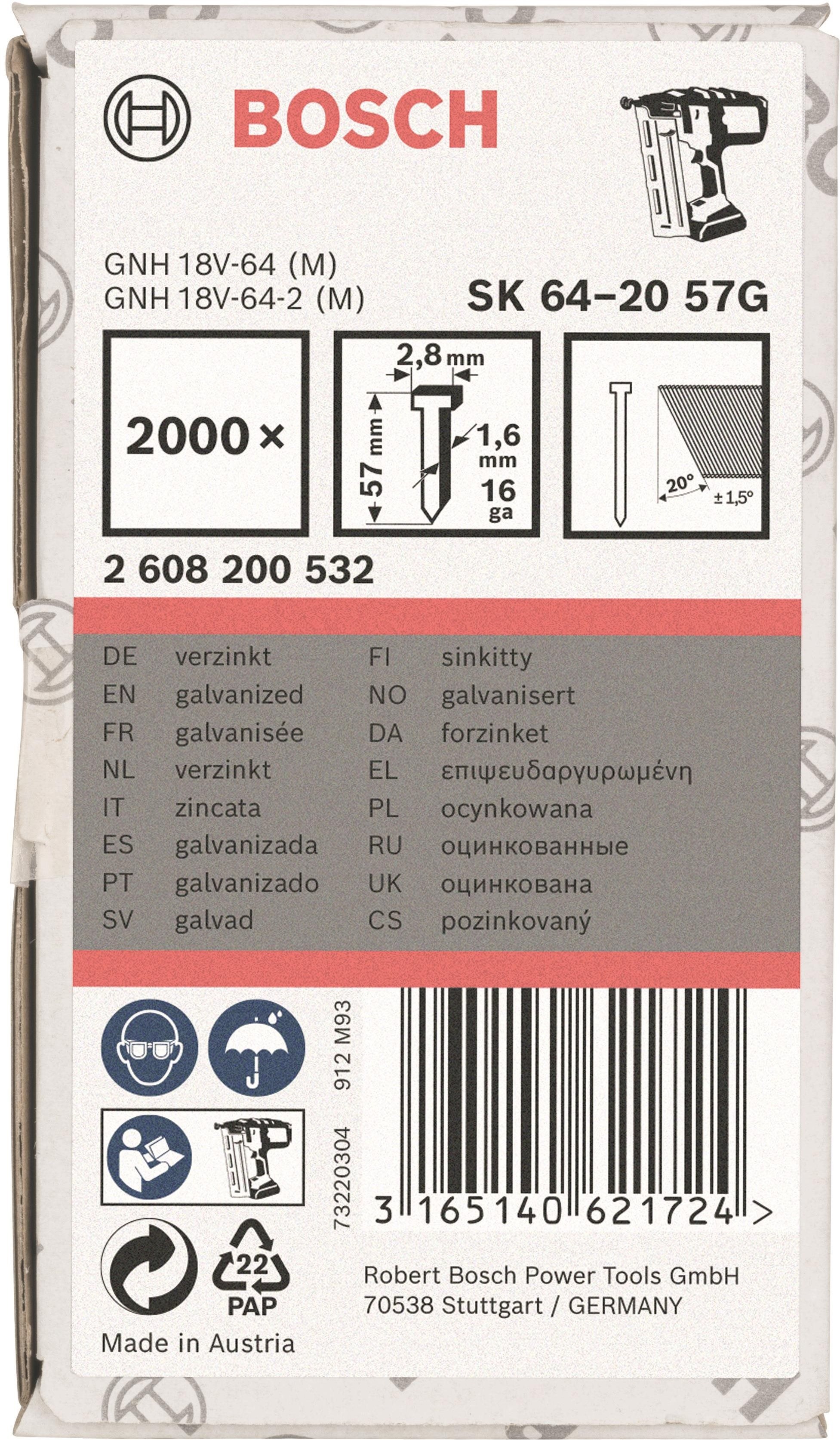 BOSCH 2608200532 szögek süllyesztett fejjel SK64 20G 57 mm, horganyzott