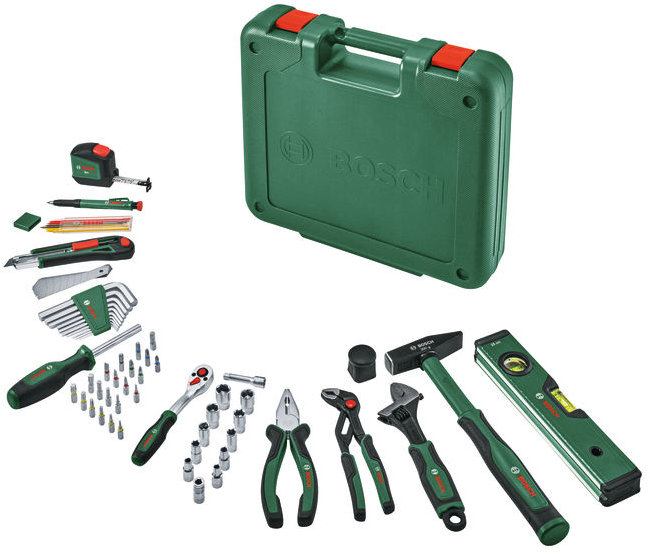 BOSCH Kézi szerszámkészlet, fogó, racsni 1/4", kalapács, mérőszalag, vízmérték, bitek, 73 db 1.600.