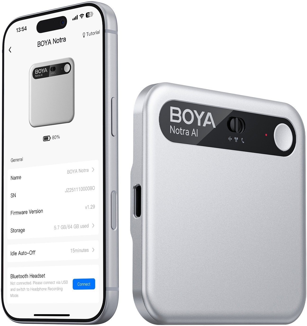 Boya Notra 64GB Ai Voice Recorder, MagSafe Compatible - Silver