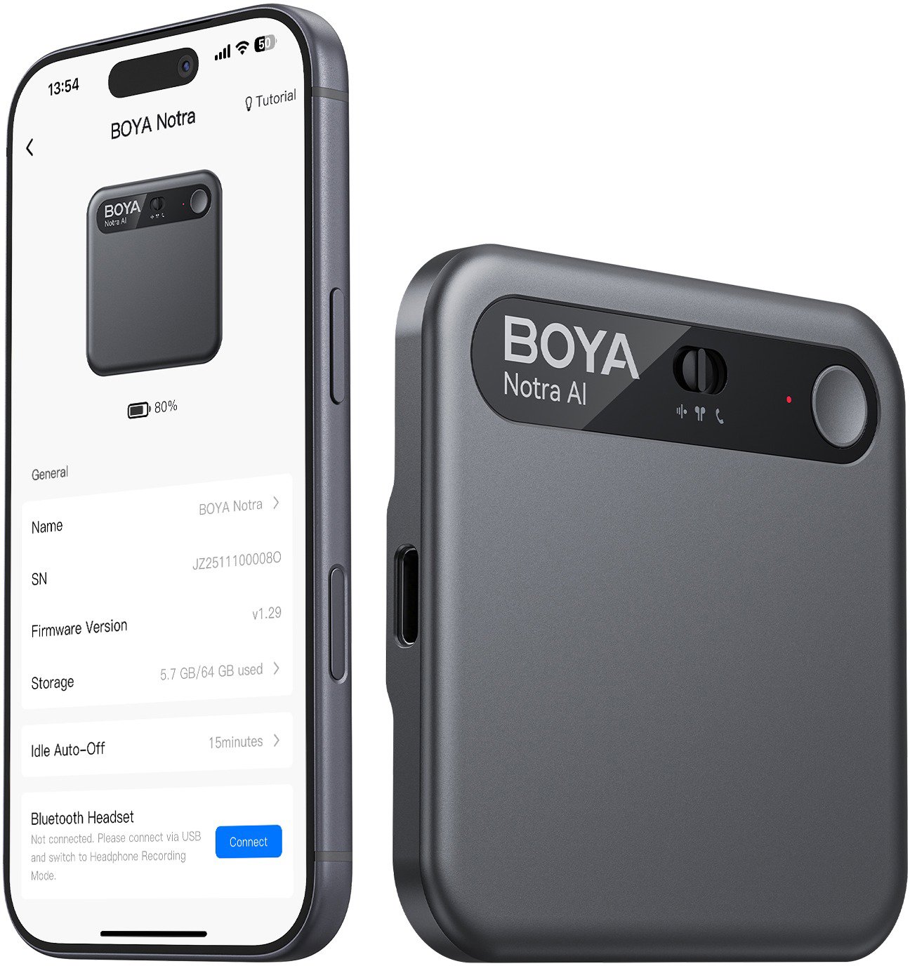 Boya Notra 64GB Ai Voice Recorder, MagSafe Compatible - Black