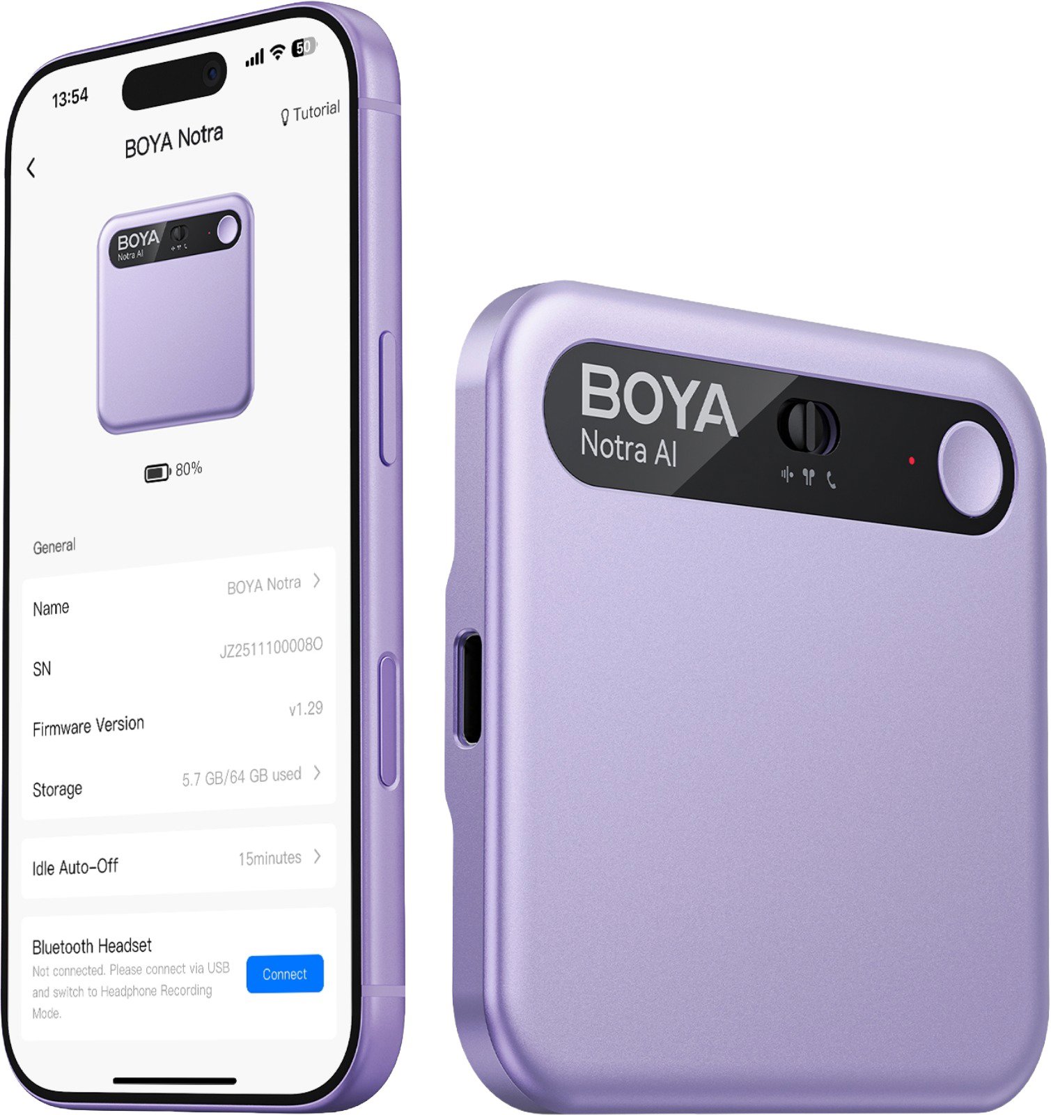 Boya Notra 64GB Ai Voice Recorder, MagSafe Compatible - Purple
