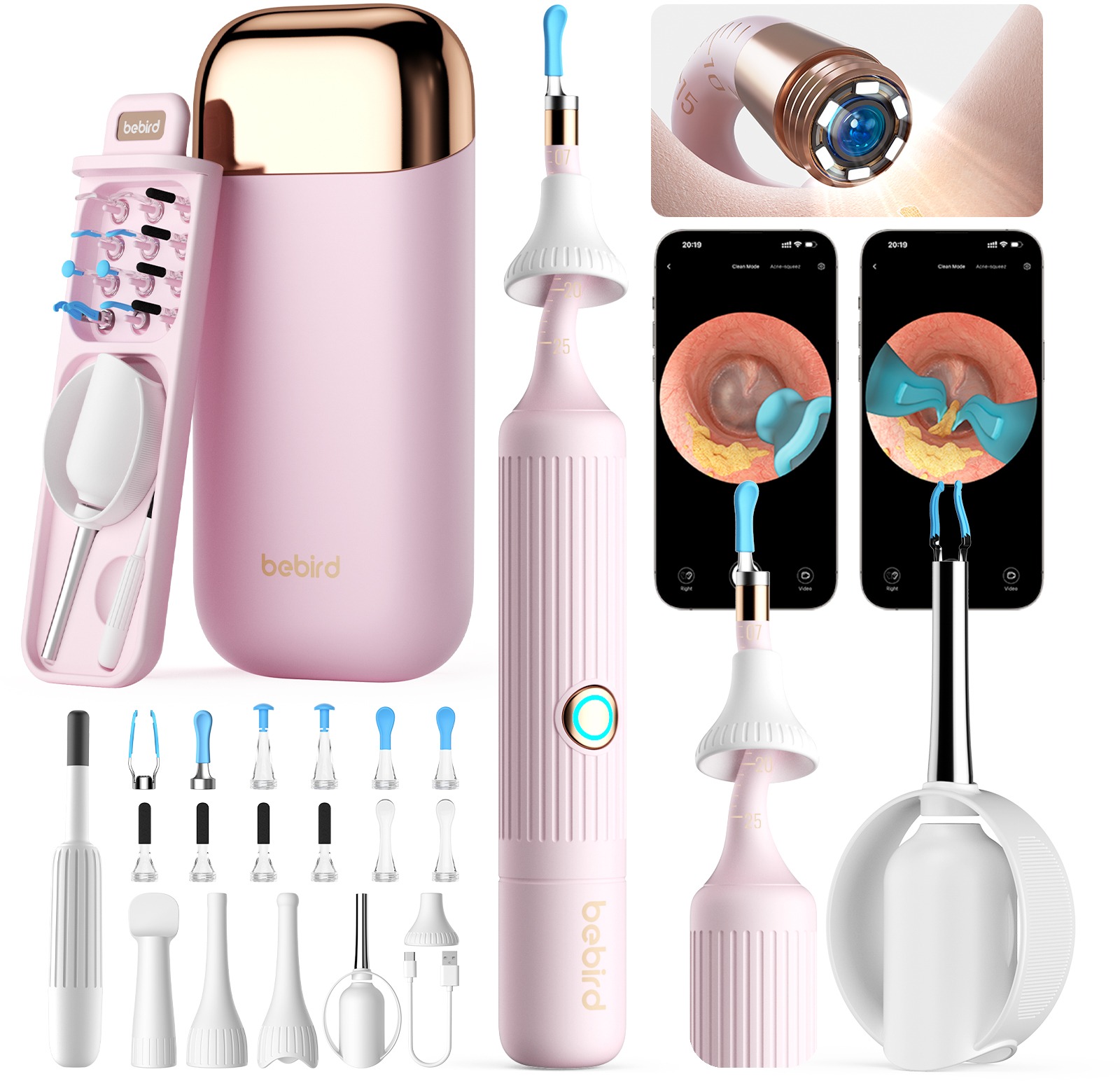 Bebird EarSight Plus I35R - Fülzsírtisztító kamerával, rózsaszínű