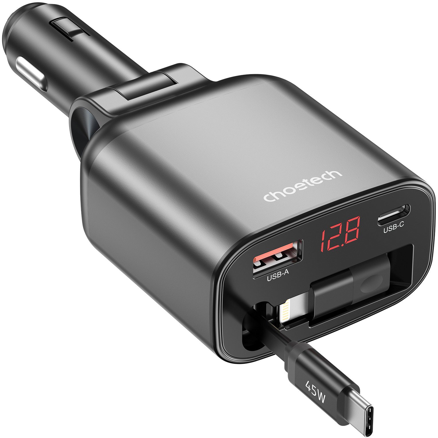 ChoeTech 105W USB-C+USB-A Digital Fast car charger with Stretchable Type-C cable