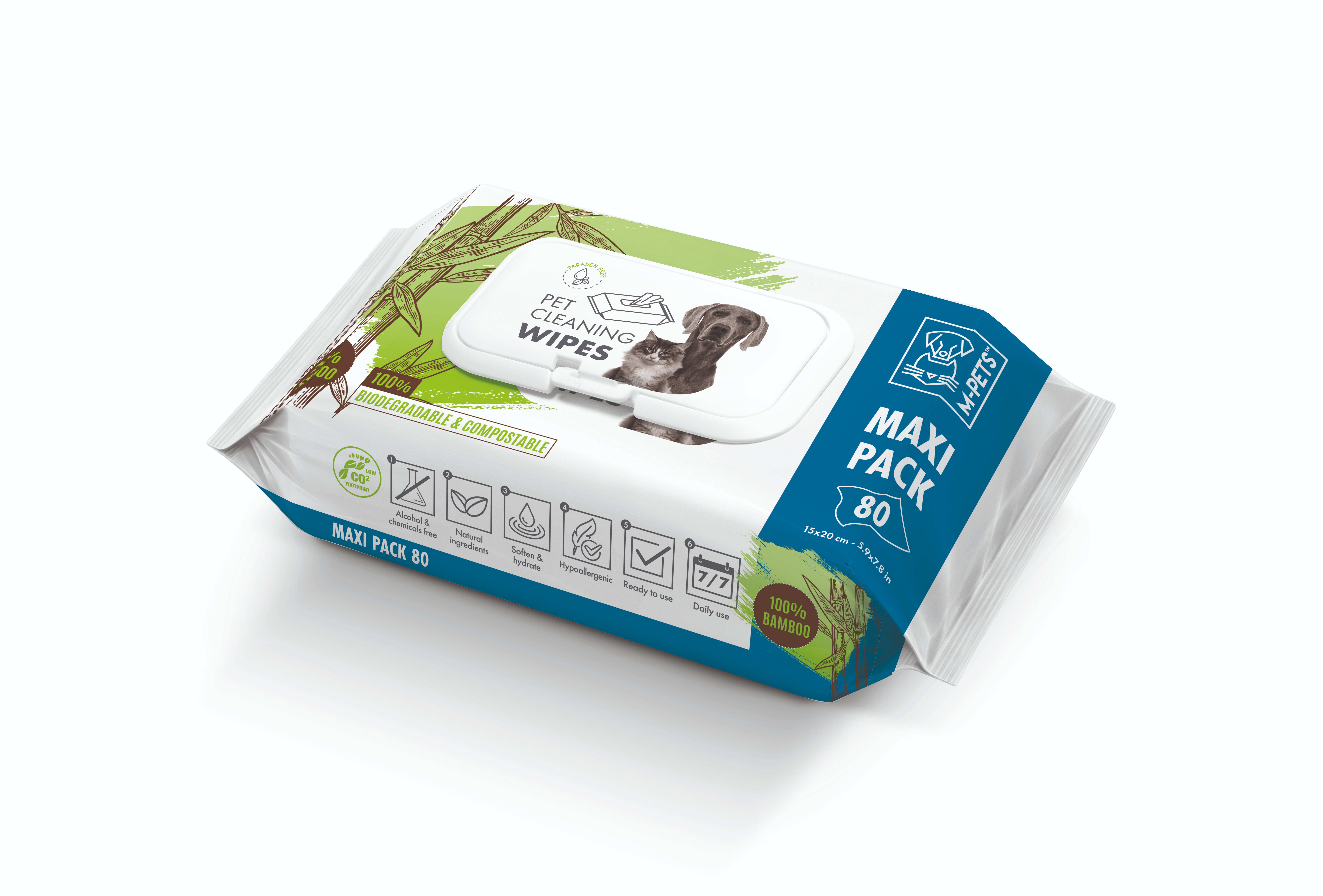 M-Pets tisztasági nedves törlőkendő, bambusz, 20 × 15 cm, 80 db