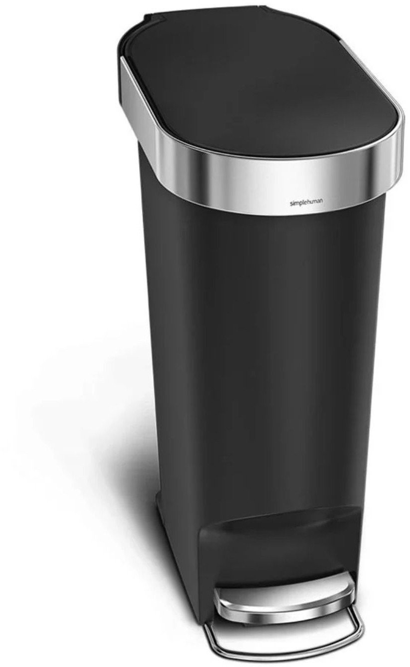 Simplehuman pedálos szemetes, 40 l, fekete műanyag, keskeny, ovális, rozsdamentes acél szemeteszsáktakaróval