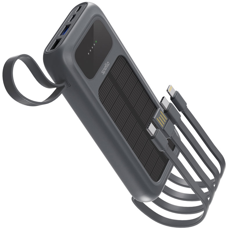 Spello ForcePack 5in1 10000mAh napelemes powerbank 4 beépített kábellel SP15 - szürke