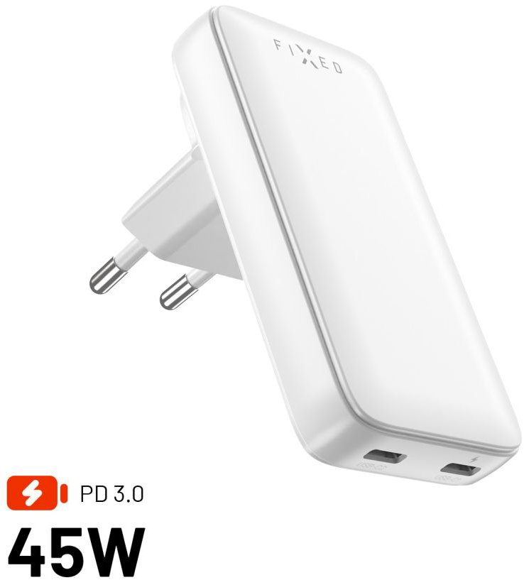 FIXED Slim Traveller GaN PD 45W 2x USB-C kimenettel + cserélhető adapterek - fehér