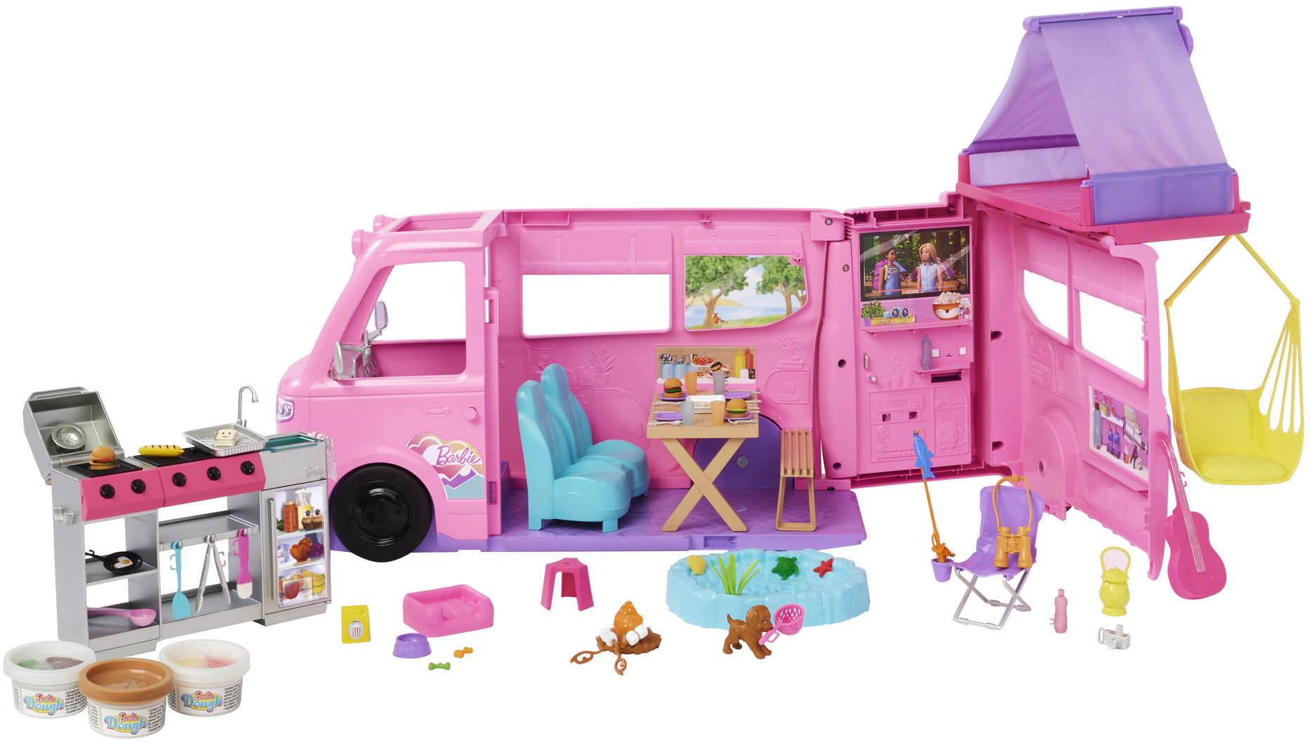 MATTEL Barbie Álom lakóautó játékszett, sátorral, hintával, grillel és kiegészítőkkel