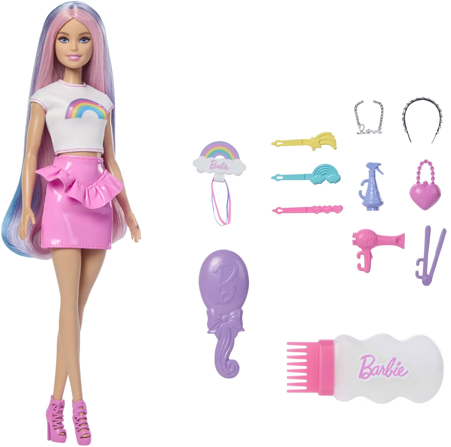 Barbie szivárványos hajjal és csillámos frizurával
