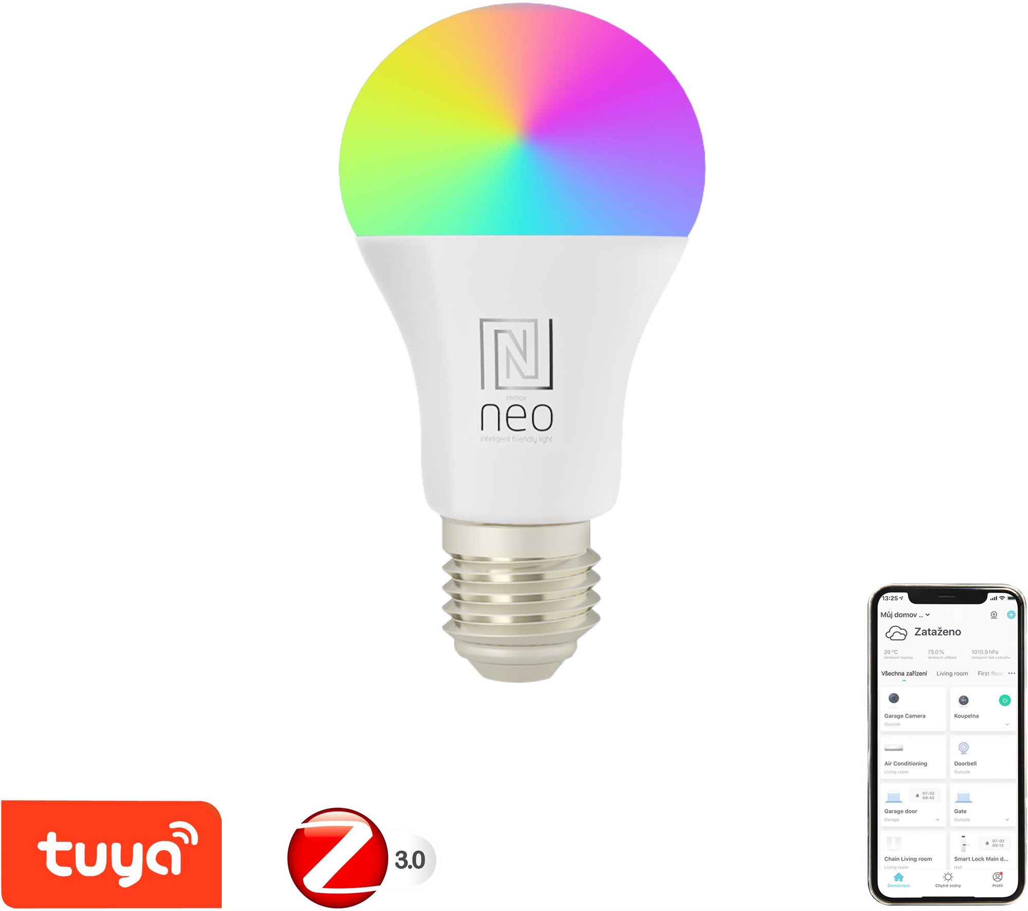 IMMAX NEO Smart izzó LED E27 11W RGB+CCT színes és fehér, dimmelhető, Zigbee