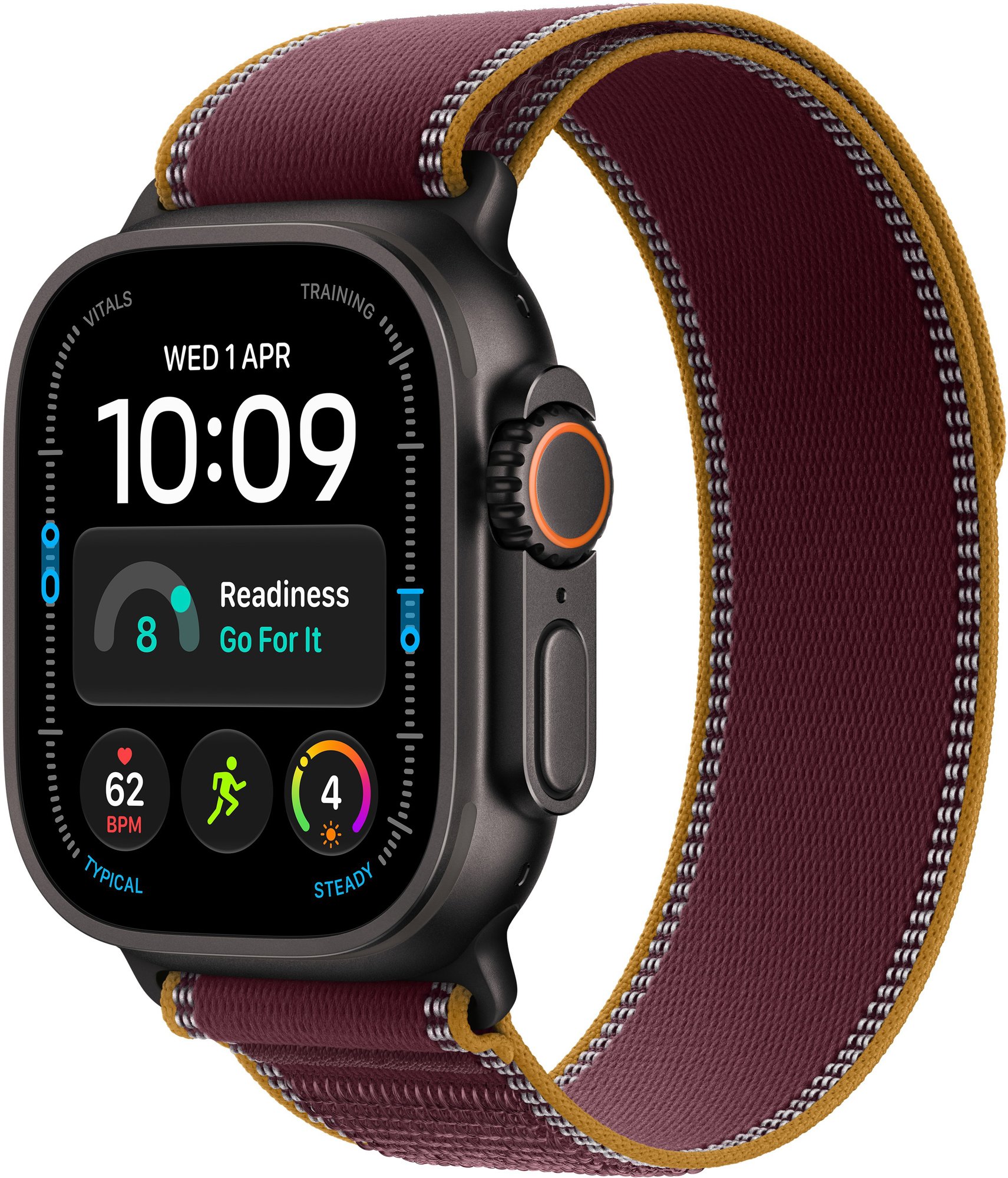 Apple Watch Ultra 4 49mm Fekete titán tok Burgundi terep pánttal - S/M