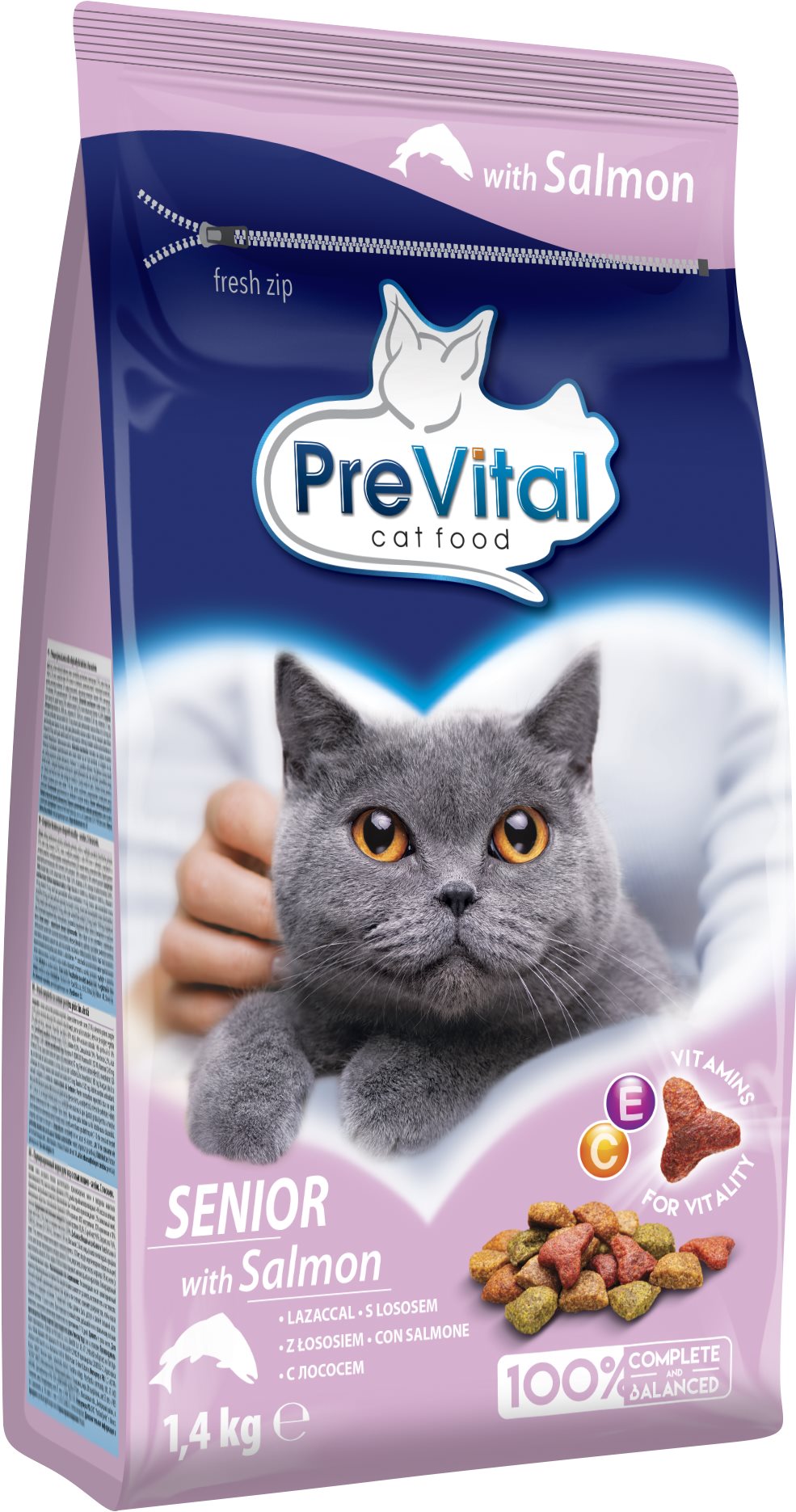 PreVital granulátum lazaccal öregedő macskáknak, 1,4 kg