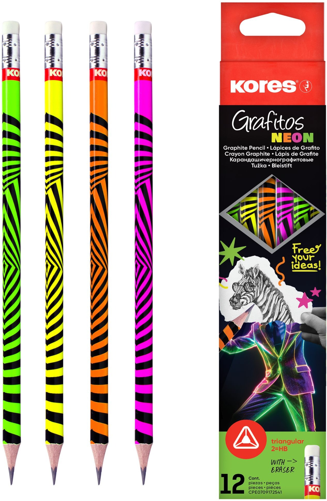 KORES Grafit, Neon, háromszög HB, fehér gumival - 12 darabos csomag