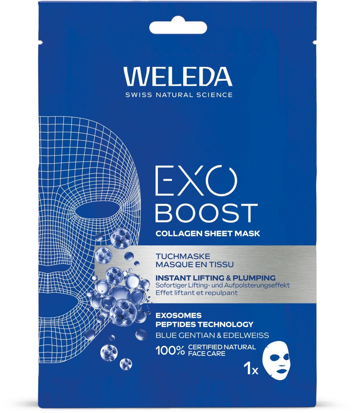 WELEDA Exo Boost kollagénes arcmaszk, kék tárnics + havasi gyopár, 20 ml