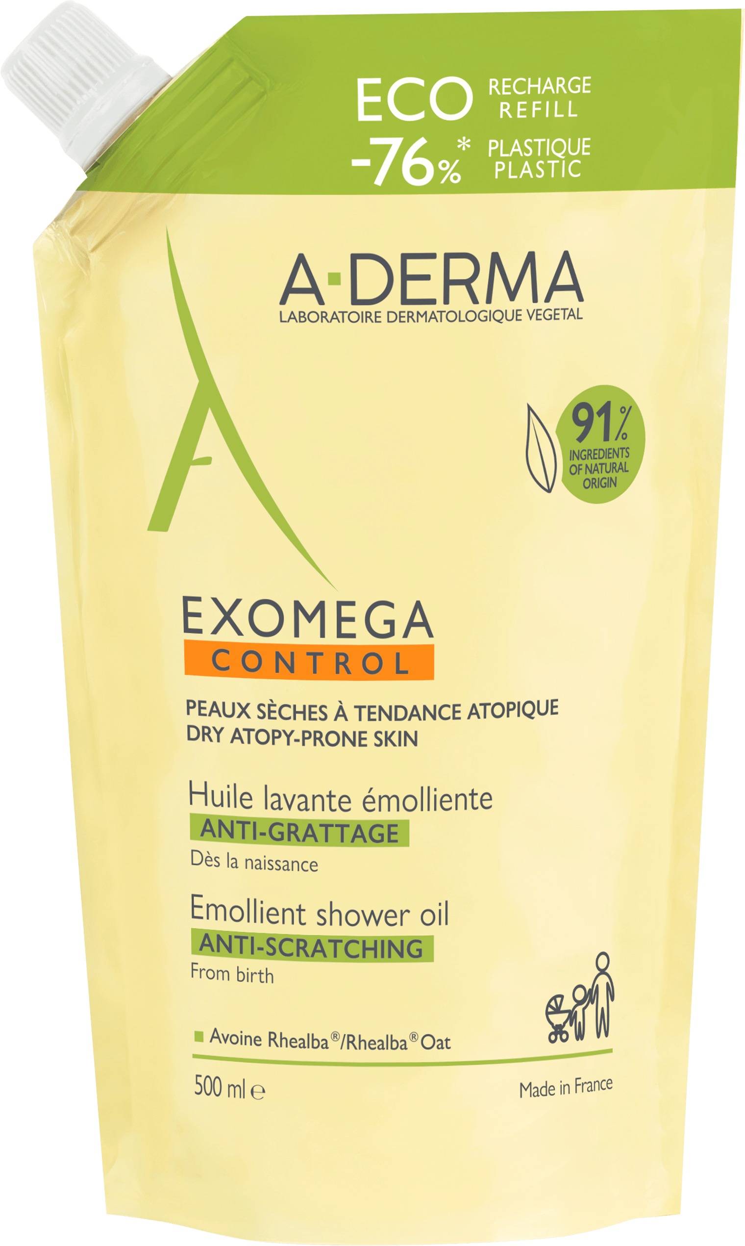A-DERMA Exomega Control Lágyító tusolóolaj - Újrahasznosítható ECO utántöltő, 500 ml