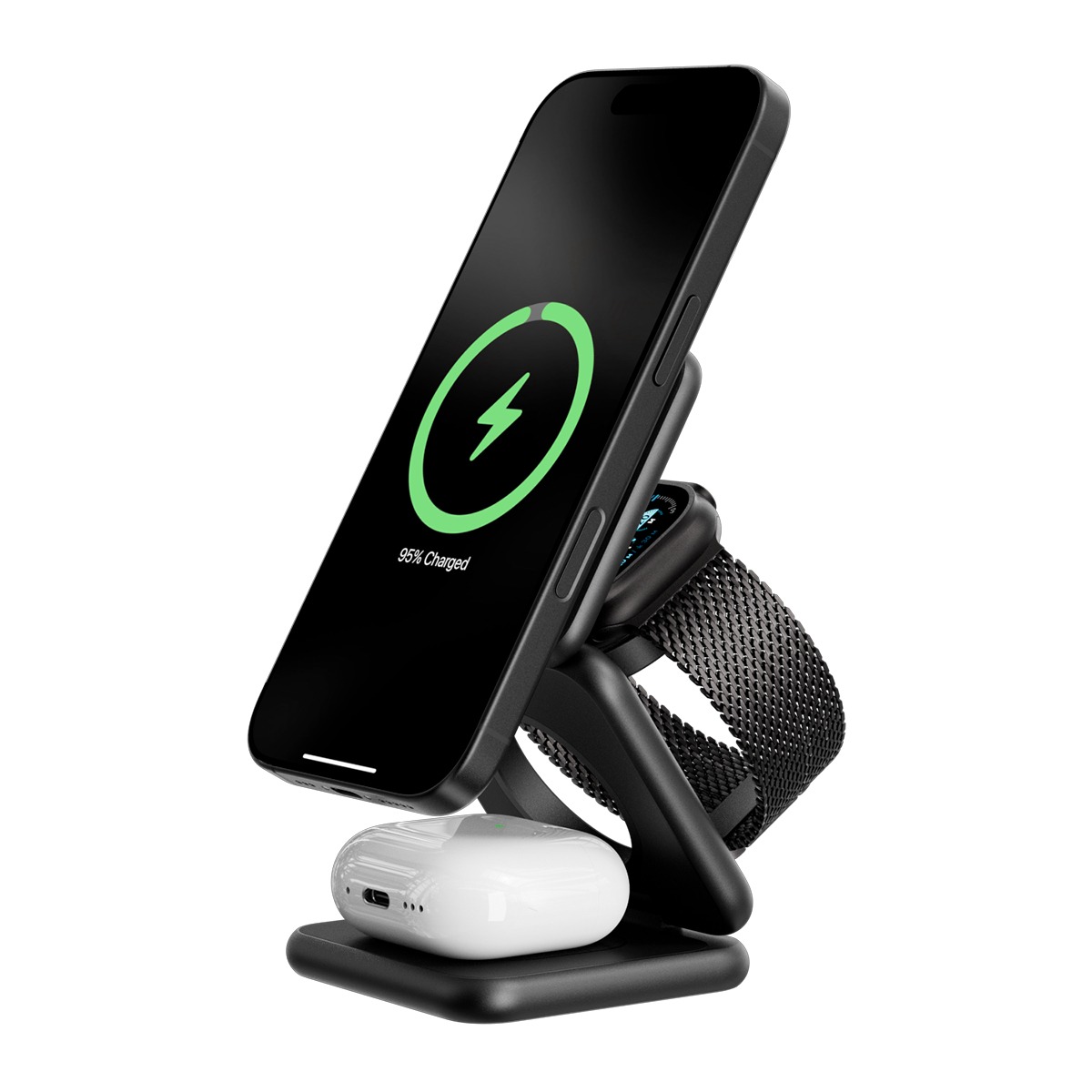 Kuxiu X40PLUS 3-In-1 Foldable Magnetic Wireless Charging Station, Black