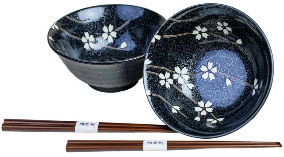Made In Japan jídelní miska Black & White Petals 400 ml, sada 2 ks, s hůlkami
