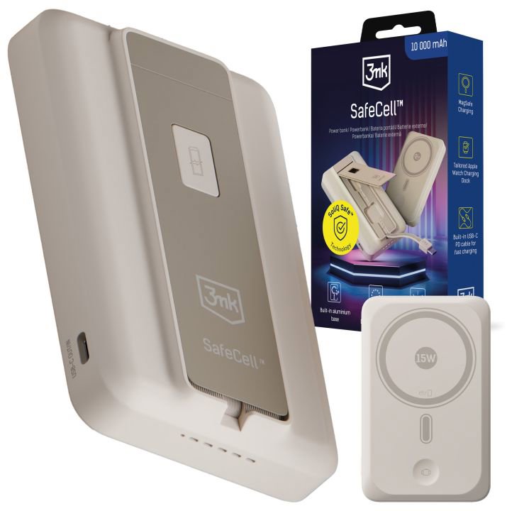 3MK SafeCell 4in1 Semi-Solid 22,5W Build in Cable Apple Watch MagSafe 10,000mAh Beige
