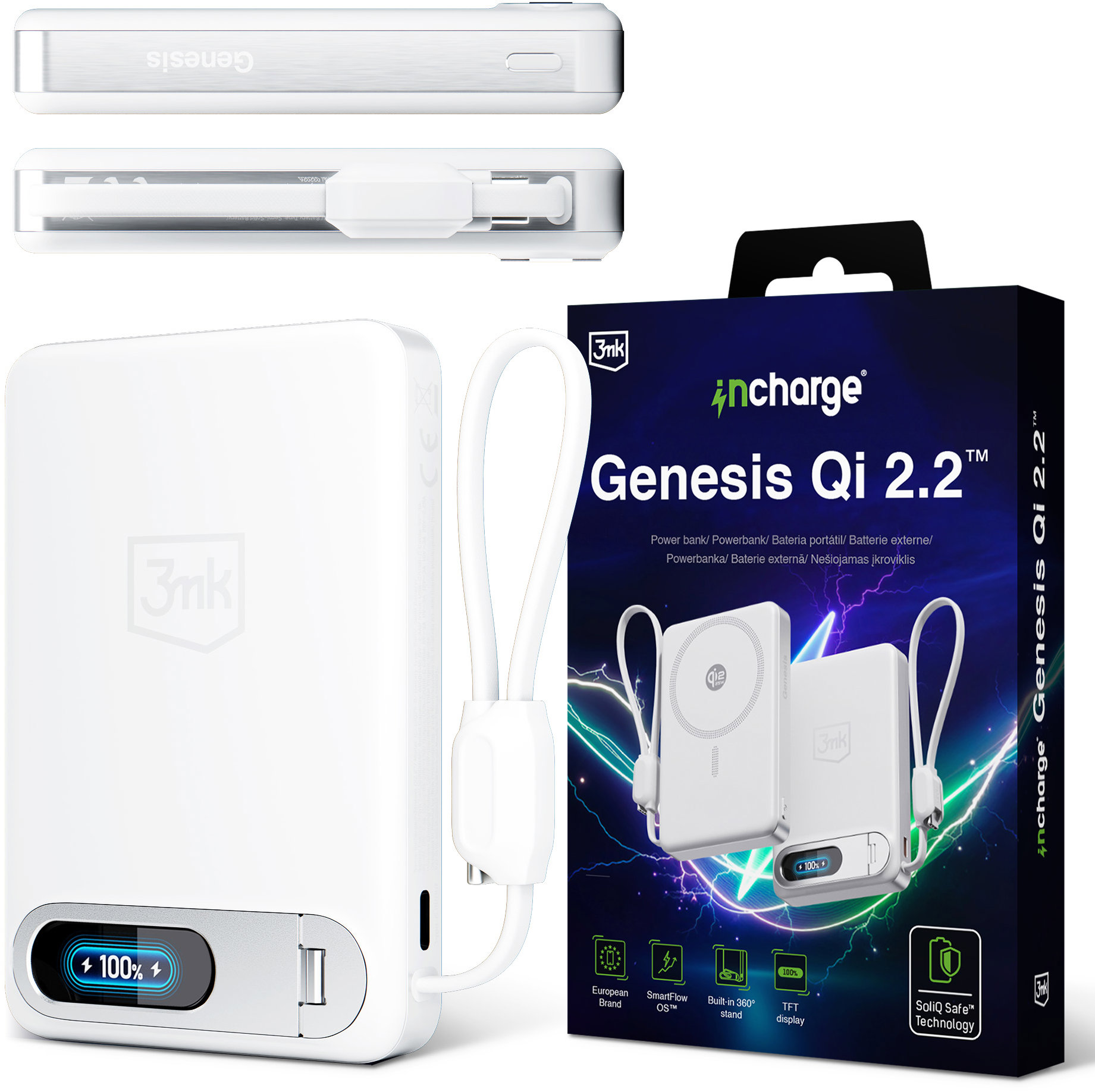 3MK Incharge Genesis Qi2, 10.000mAh, 25W MagSafe + USB-C PD 45W, integrovaný kabel, bílá