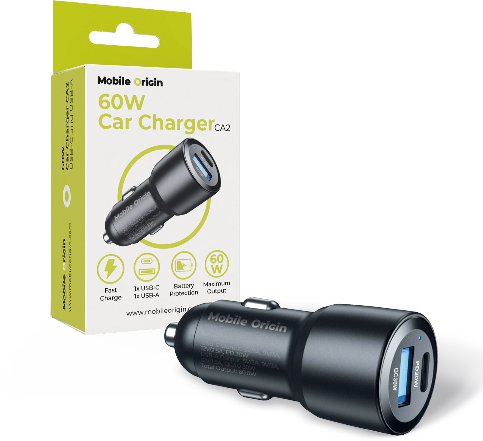 Mobile Origin Car Charger 60W USB-C and USB-A