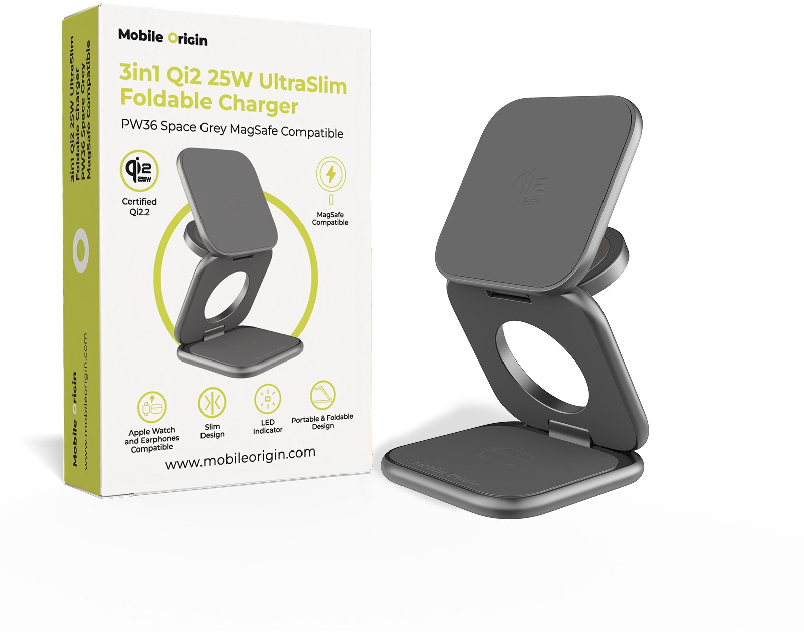 Mobile Origin 3in1 Qi2 25W UltraSlim Foldable Charger PW36 MagSafe Compatible, Space Grey
