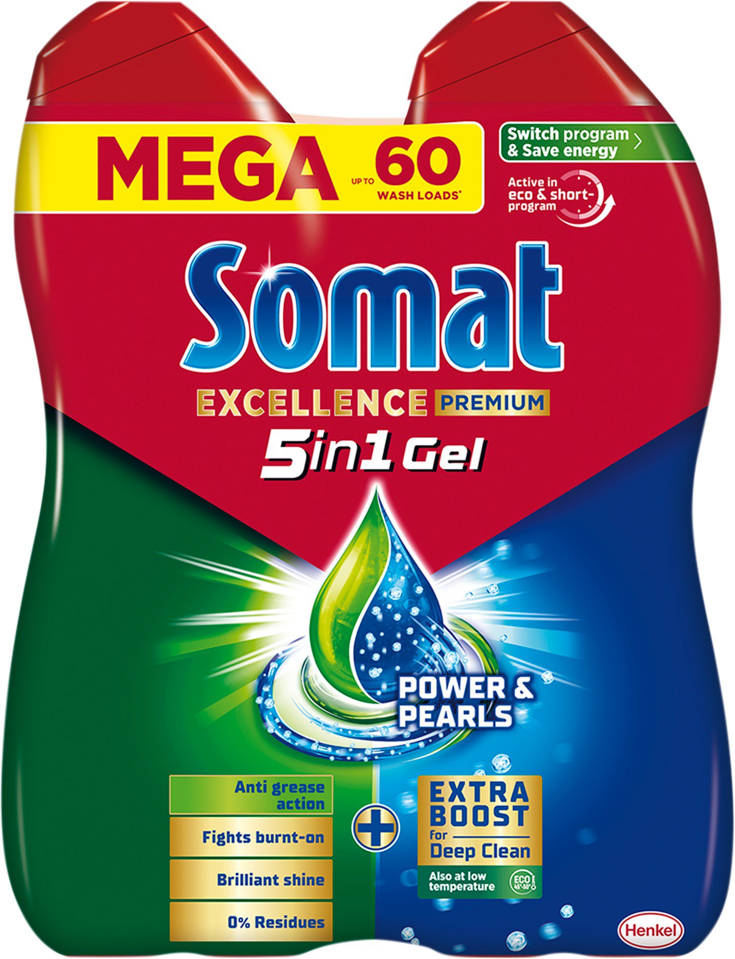 SOMAT Excellence Premium 5in1 Gel Anti Grease 60 adag, 2× 540 ml
