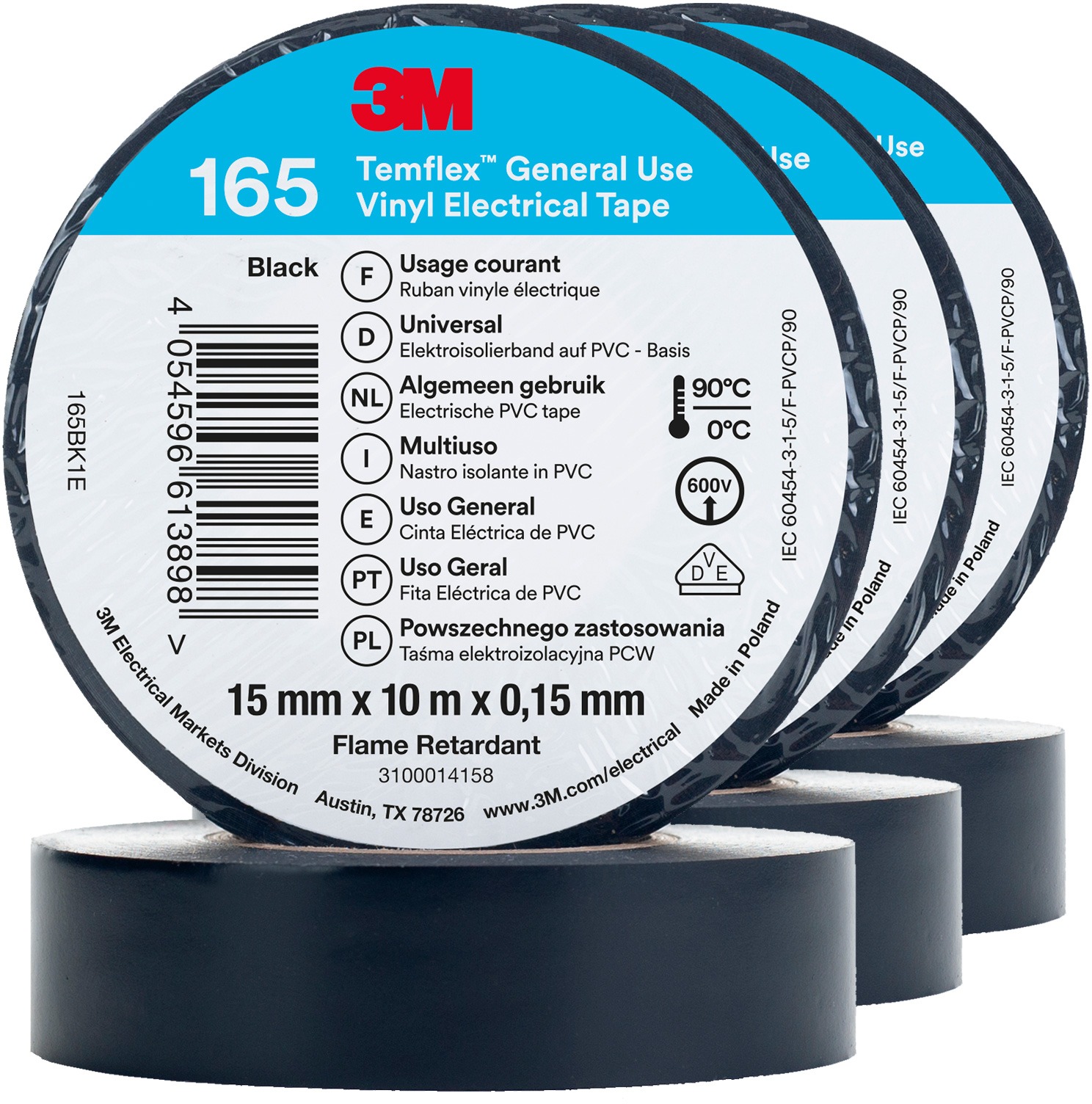 3M Temflex 165 szigetelőszalag, méret 15 mm×10 m×0,15 mm, fekete, 3 darab