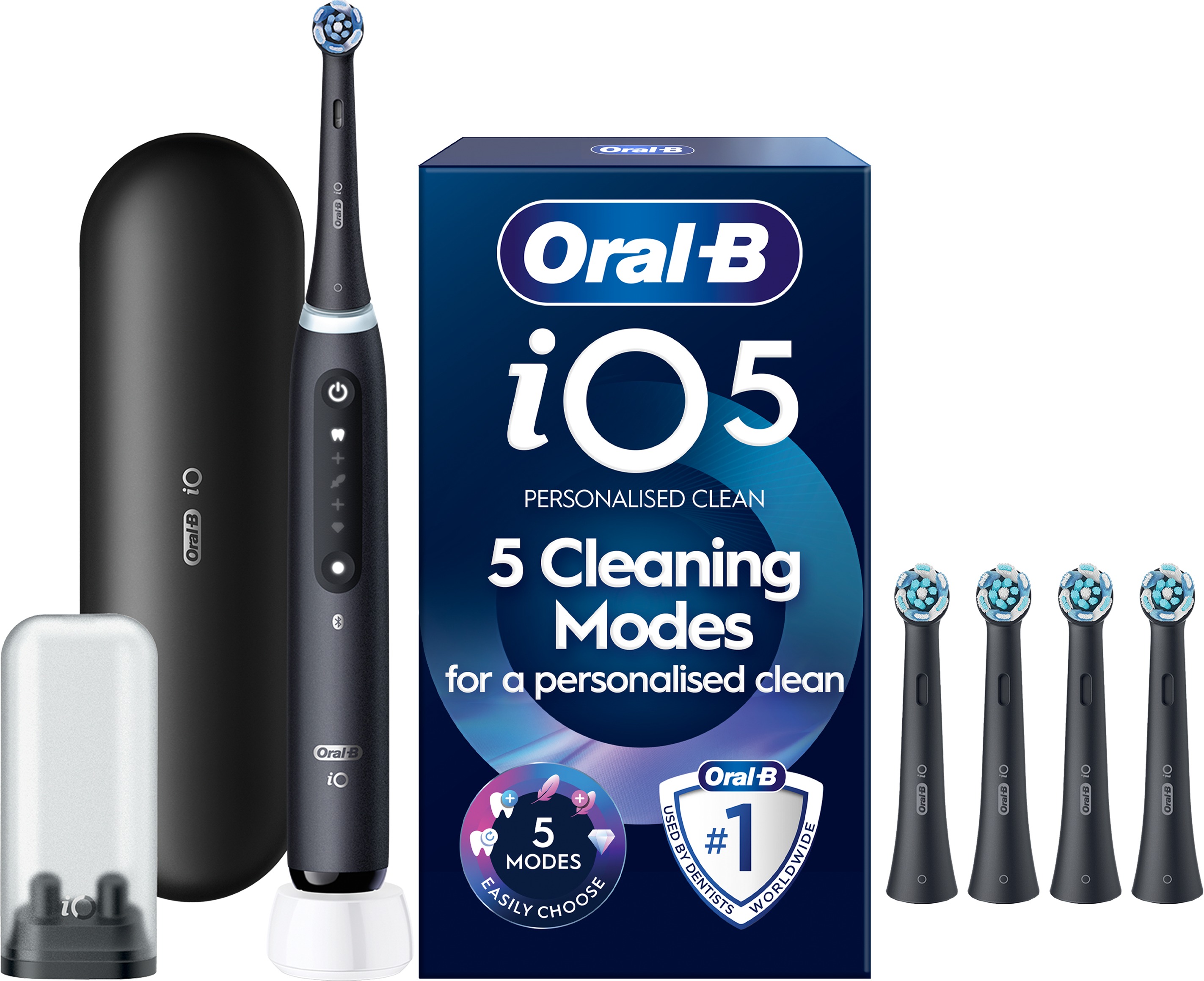 Oral-B iO 5 Black + utazótok + Oral-B iO Ultimate Clean Black 4 db