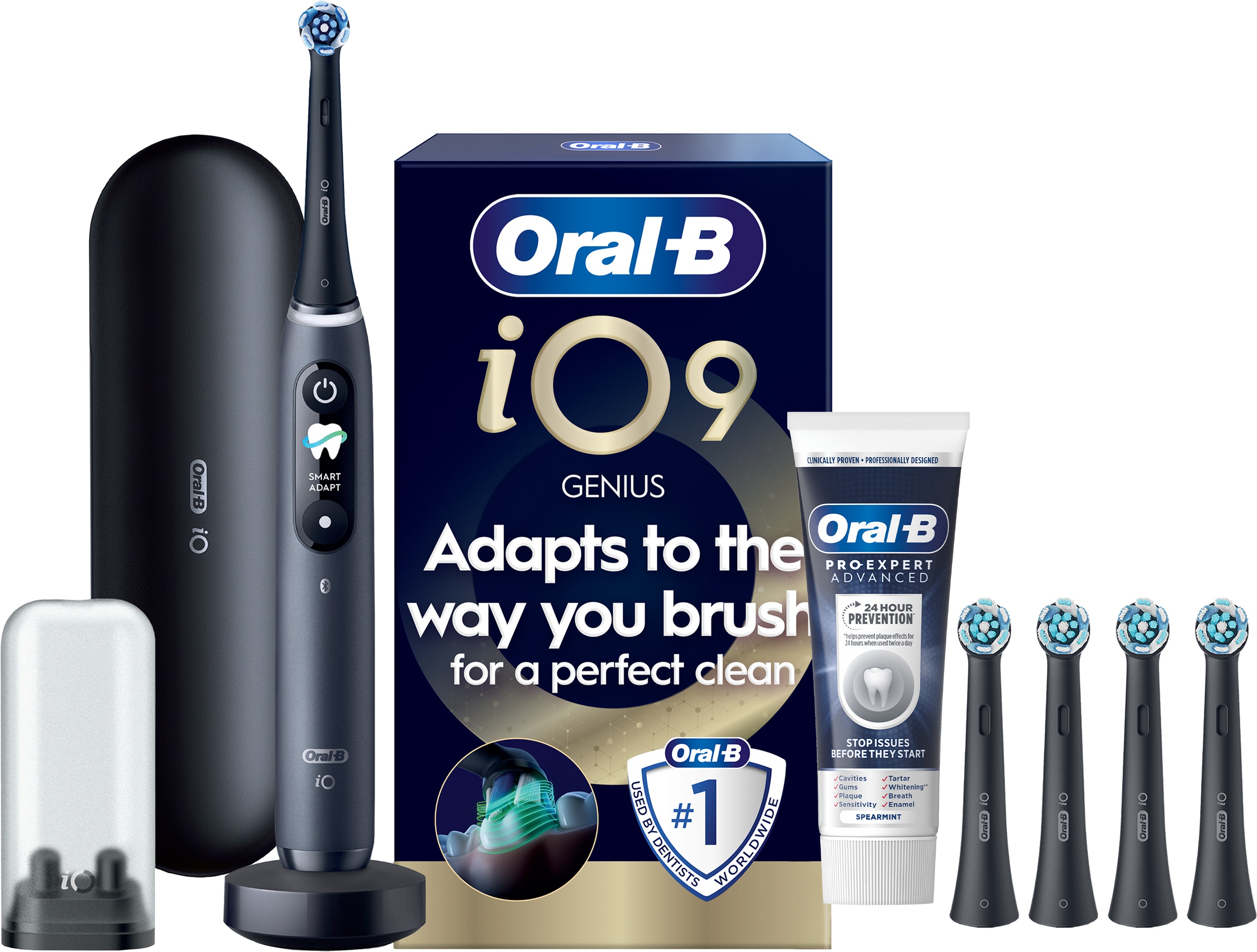 Oral-B iO 9 Black + tok + Oral-B iO Ultimate Clean Black 4 db + Oral-B Pro-Expert 75 ml