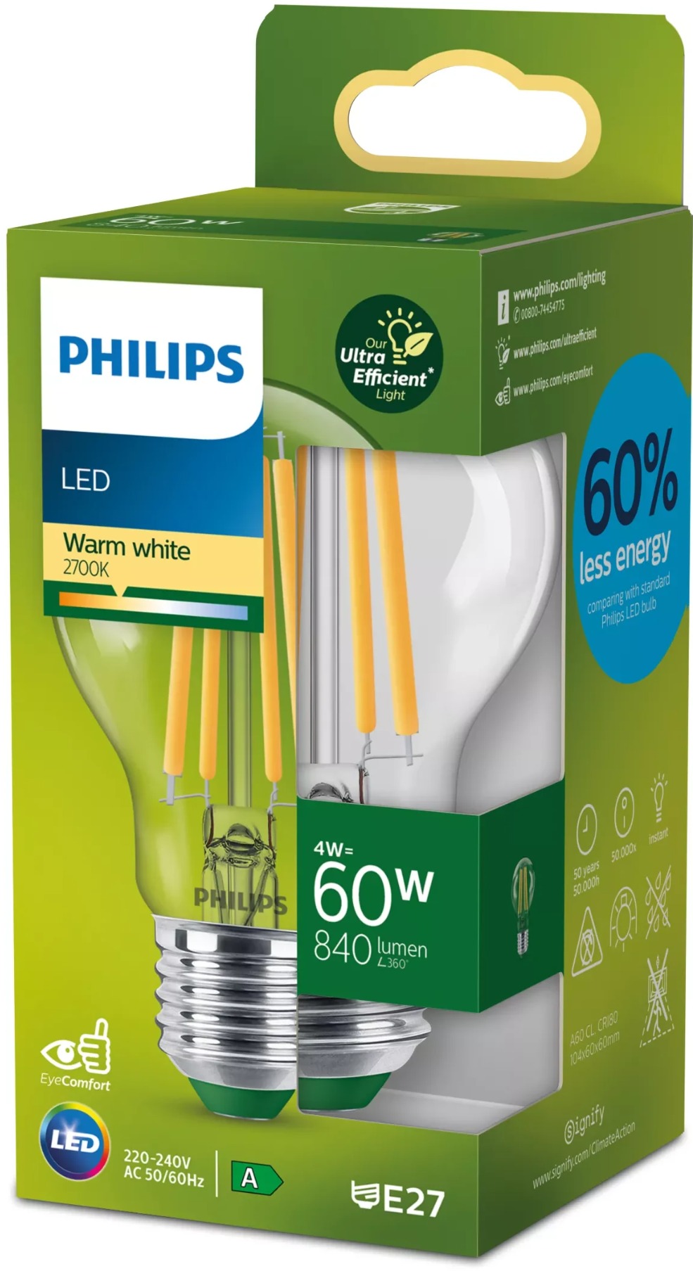 Philips LED 60 W, A60, E27, 2700 K, CL UE SRT4