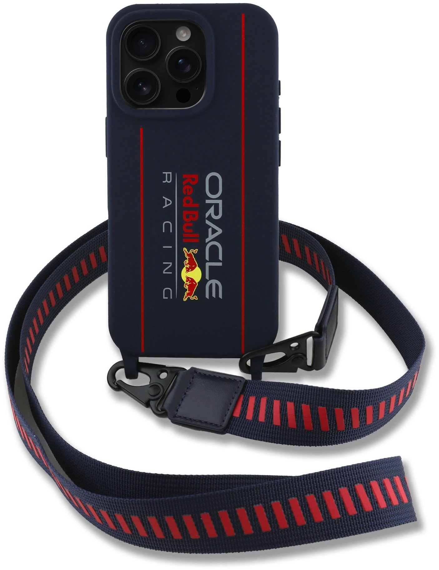 Red Bull Vertical Logo iPhone 16 Pro MagSafe tengerészkék szilikon tok crossbody pánttal