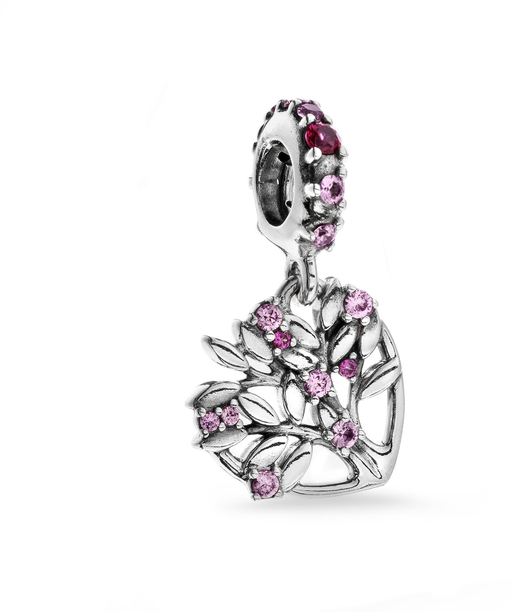 799153C01 Heart Family Tree CZ Synthetic Pink Sapphire & Ruby Charm for Women, Silver