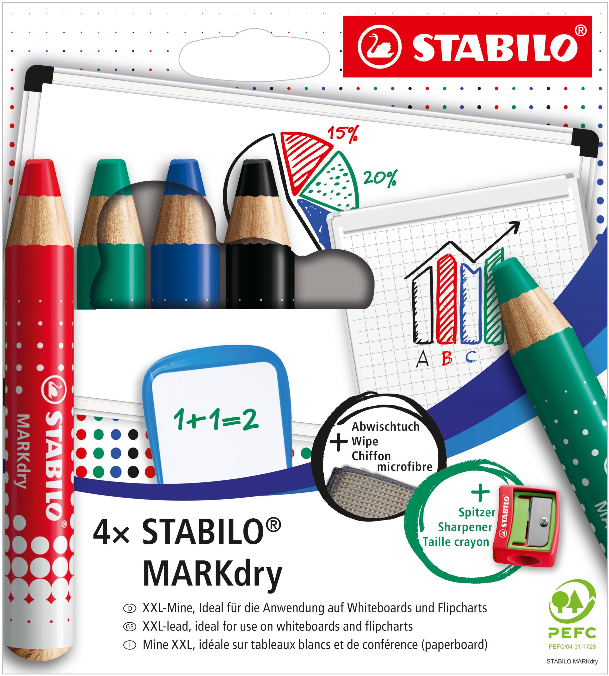 STABILO MARKdry szett hegyezővel és törlőkendővel, 4 db, 4 szín