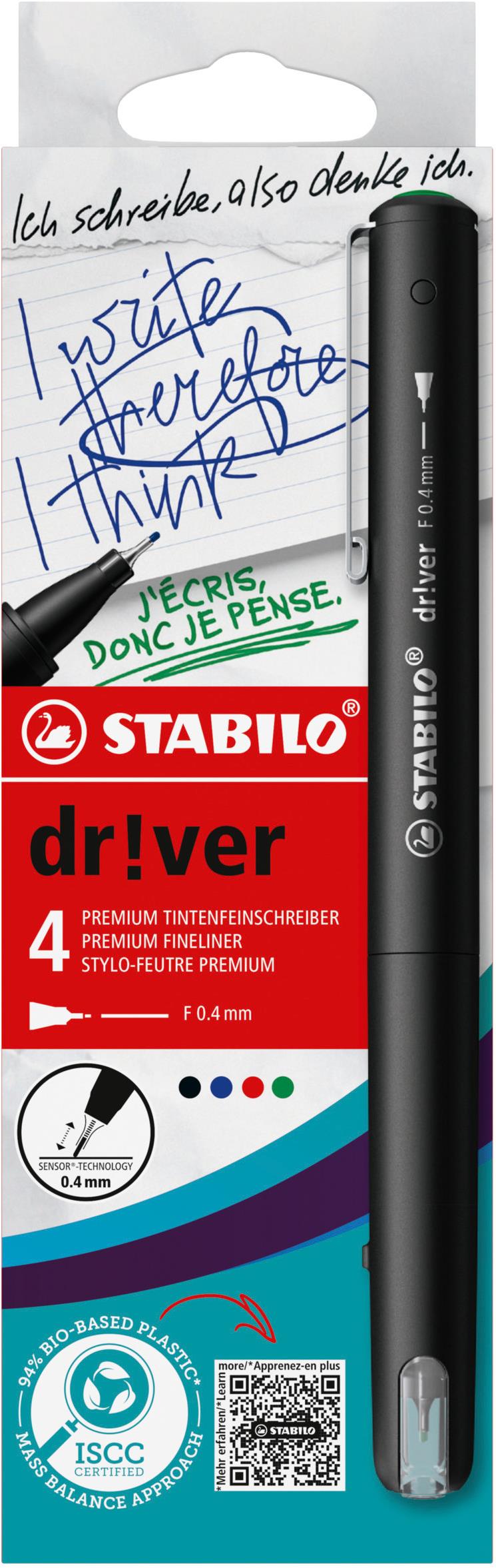 STABILO dr!ver fine szett, 4 db, zöld, piros, kék, fekete