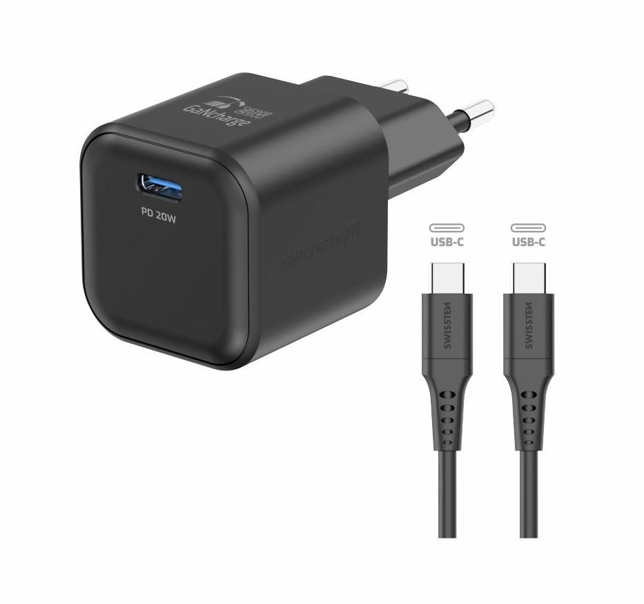 Swissten GaN 1x USB-C, 20W, Power Delivery töltőfej + USB-C to USB-C, 1,2m. fekete adatkábel