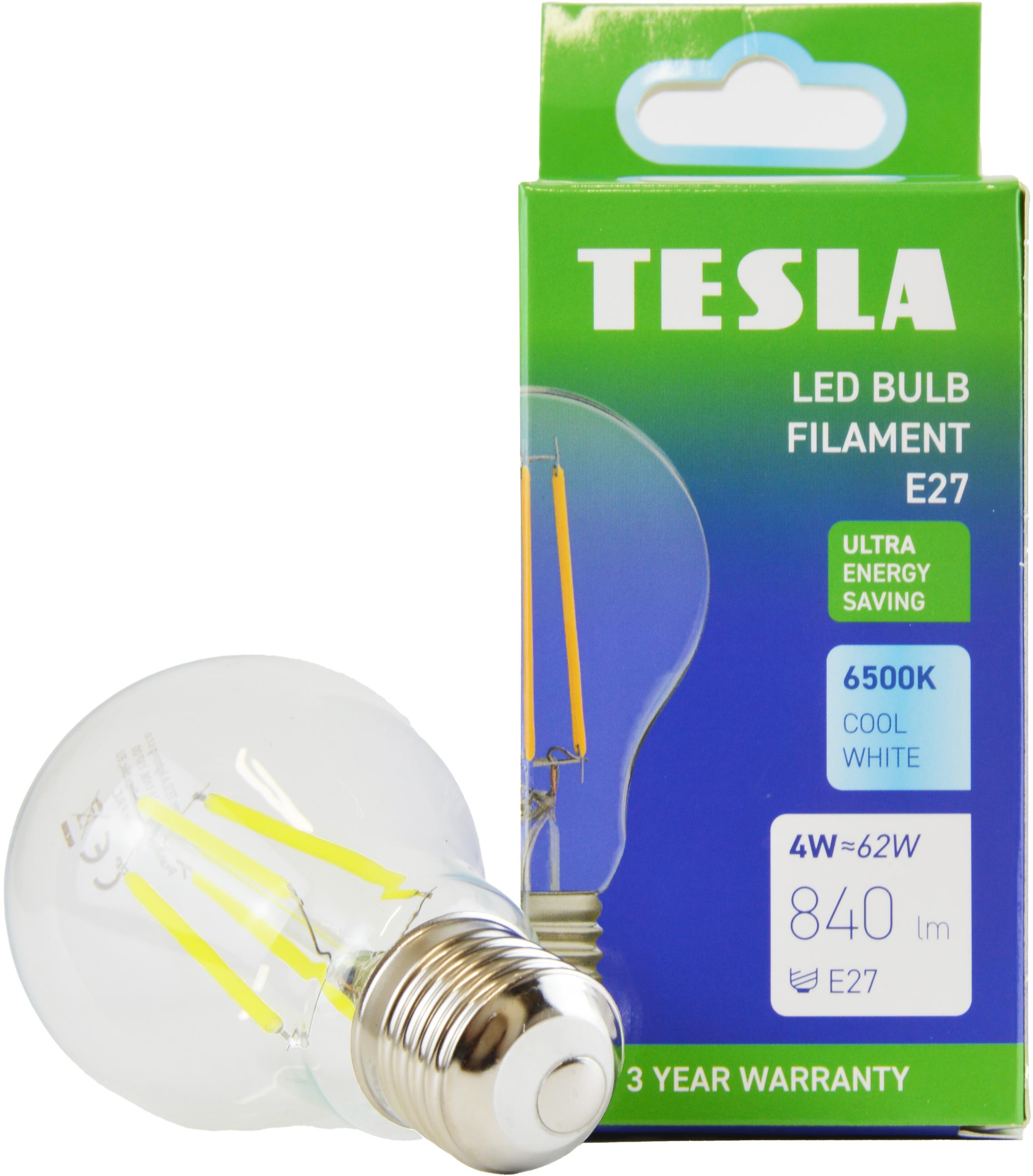 Tesla Filament A class, E27, 4W, 840lm, 6500K hideg fehér, 360°, átlátszó, 230V, 25000 óra