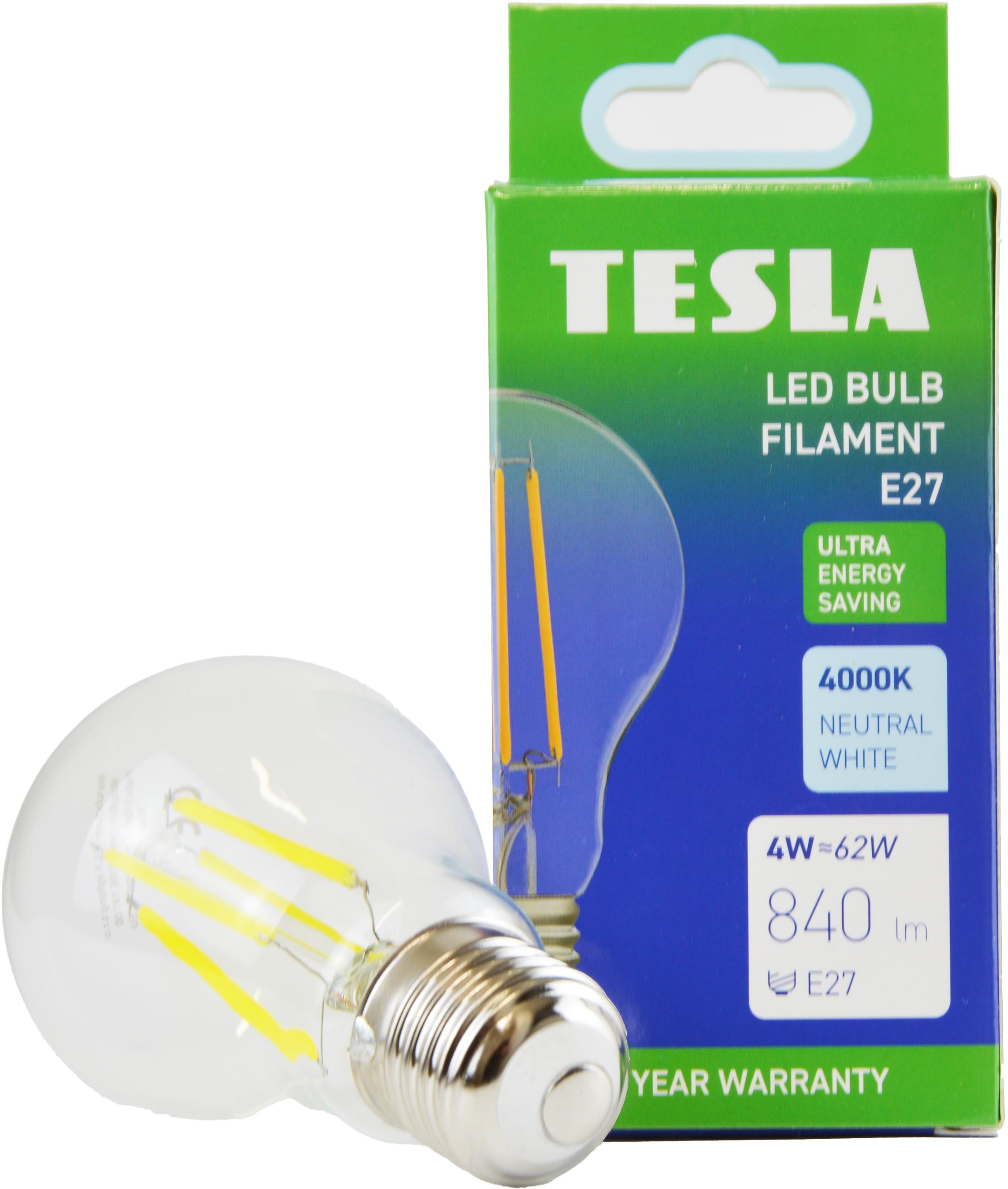 Tesla Filament A class, E27, 4W, 840lm, 4000K nappali fehér, 360°, átlátszó, 230V, 25000 óra