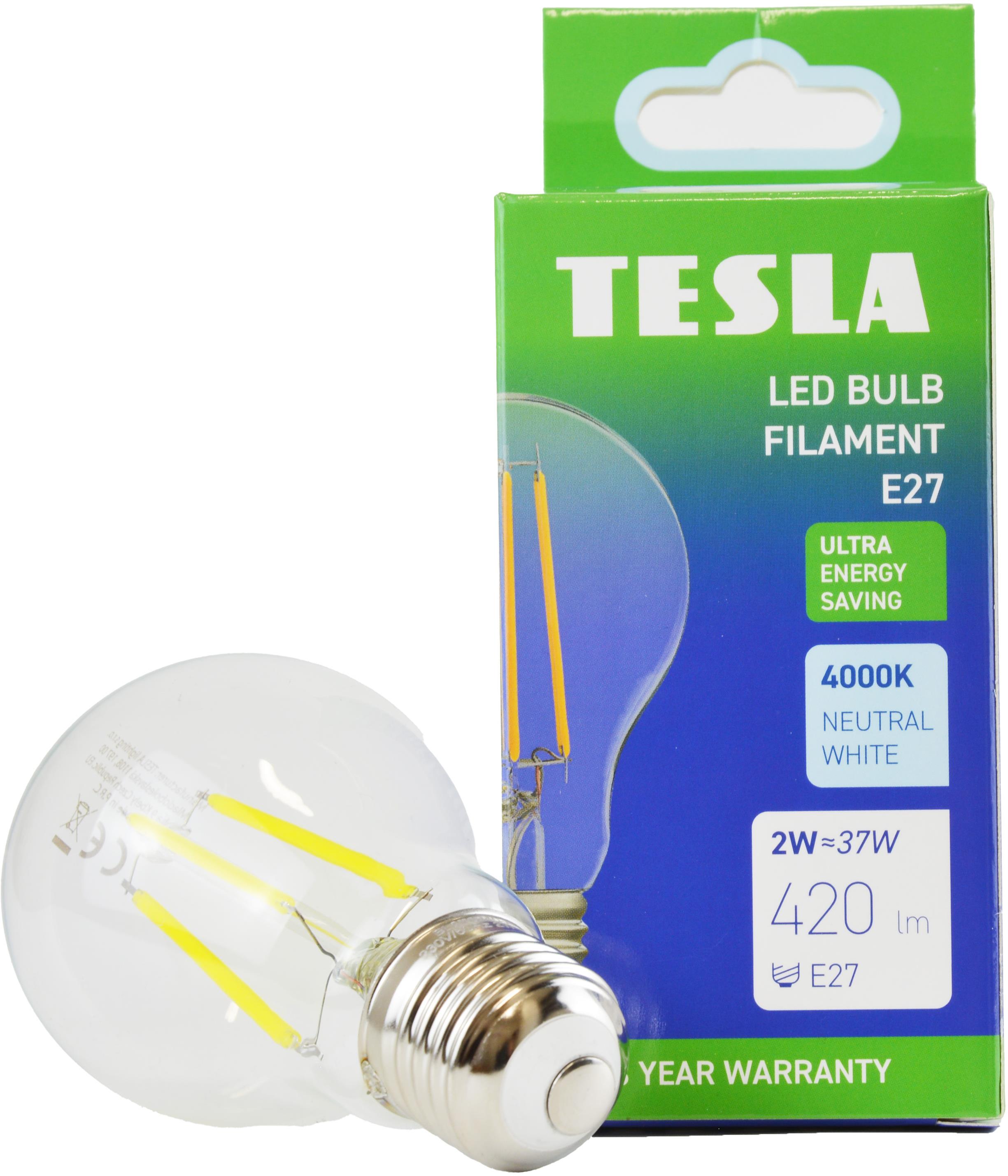 Tesla Filament A class, E27, 2W, 420lm, 4000K nappali fehér, 360°, átlátszó, 230V, 25000 óra