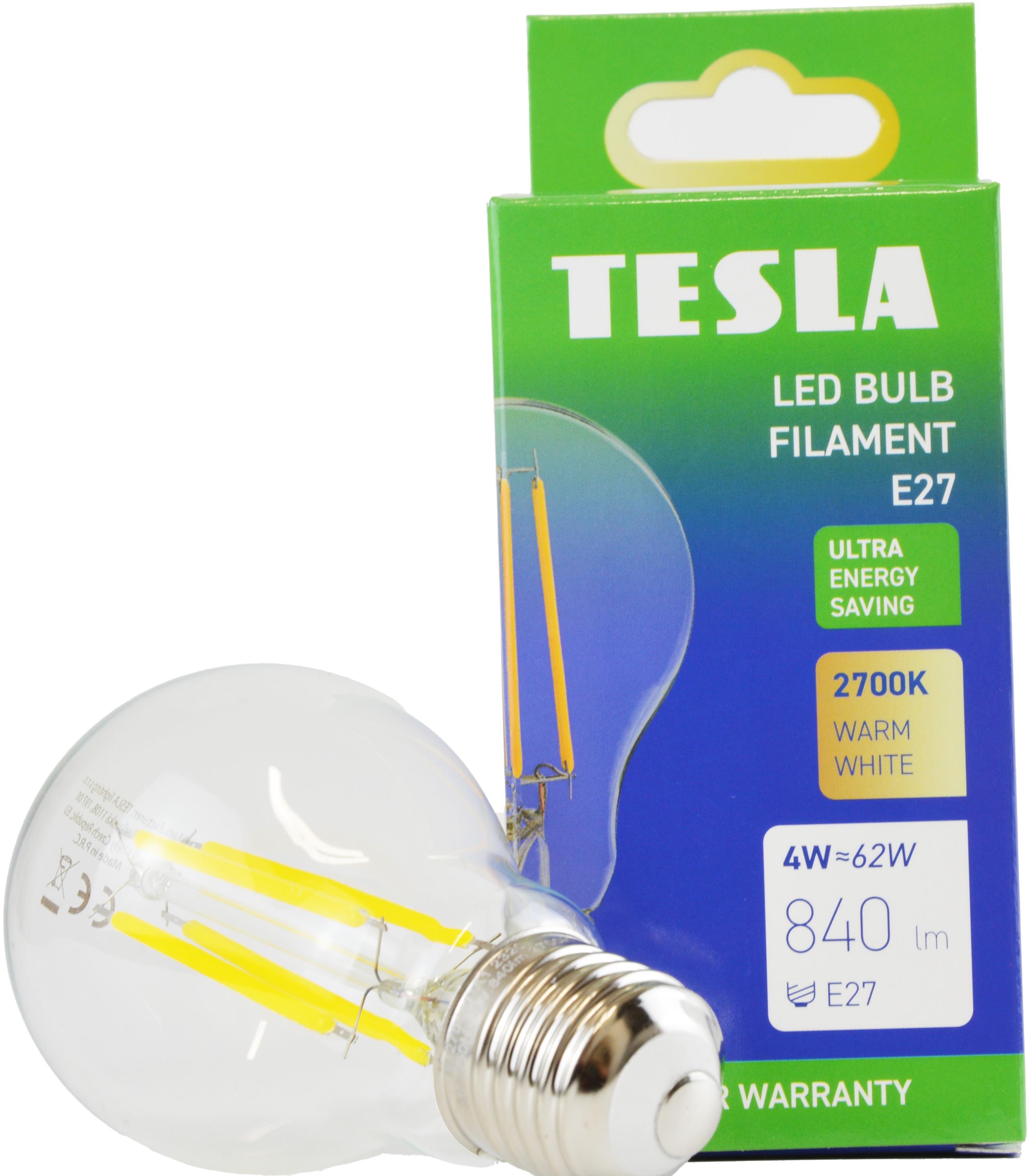 Tesla Filament A class, E27, 4W, 840lm, 2700K meleg fehér, 360°, átlátszó, 230V, 25000 óra