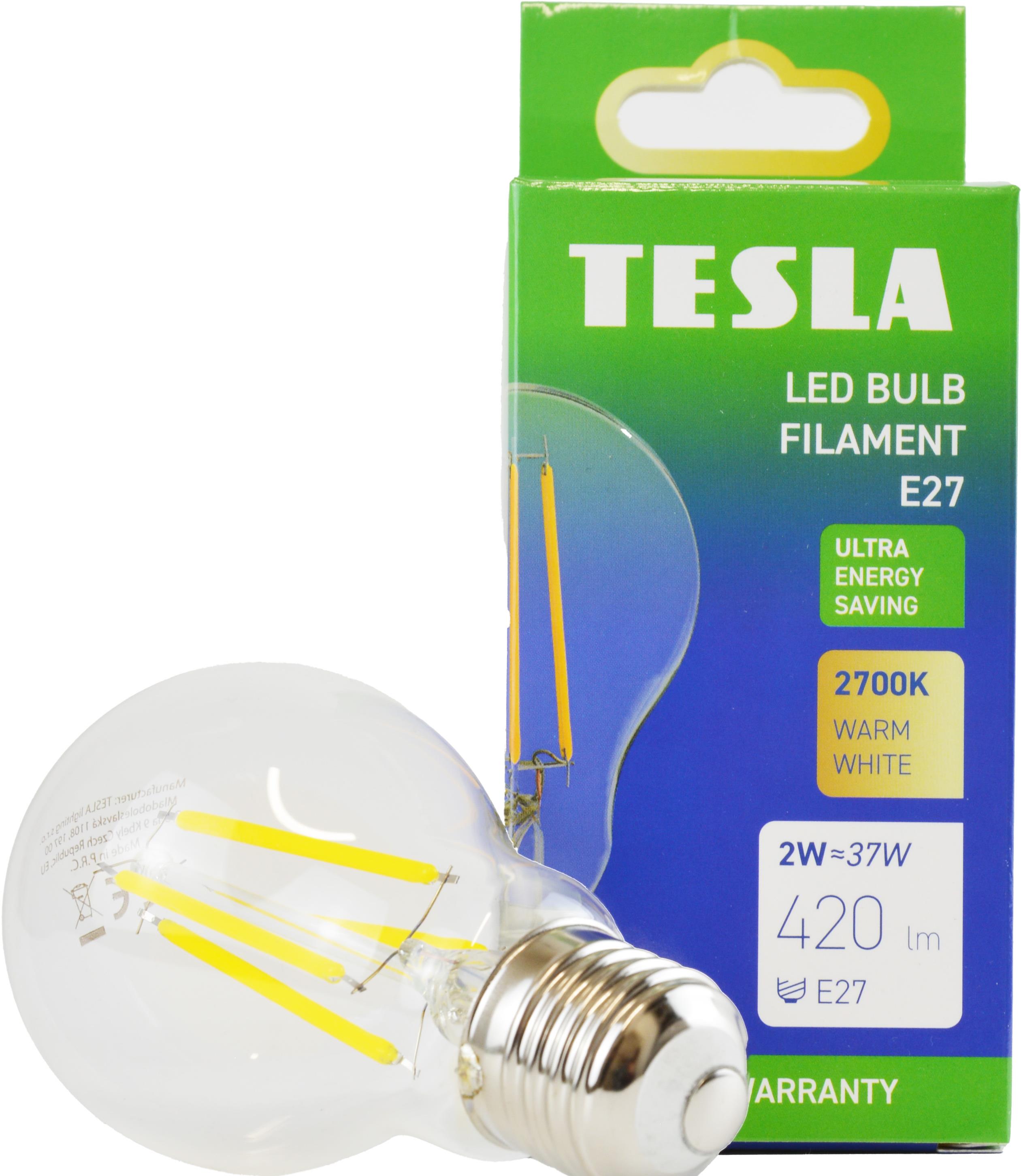 Tesla Filament A class, E27, 2W, 420lm, 2700K meleg fehér, 360°, átlátszó, 230V, 25000 óra