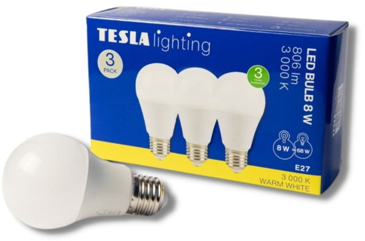 Tesla - LED izzó BULB E27, 8 W, 230 V, 806 lm, 25000 h, 3000K meleg fehér, 220°, 3 db a csomagban