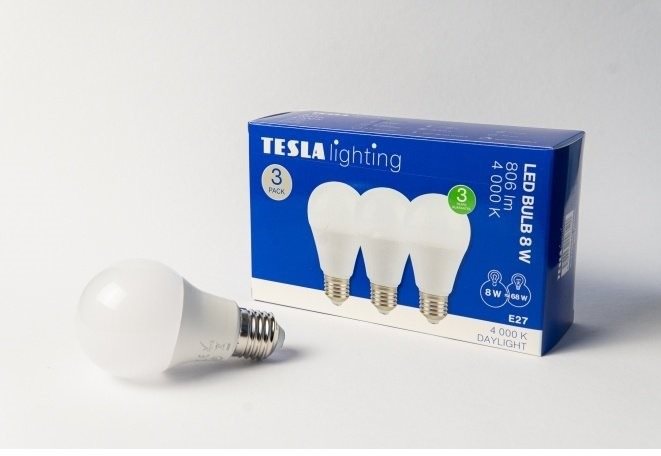 Tesla BULB E27, 8 W, 230 V, 806 lm, 25 000 h, 4000K nappali fehér, 220°, 3 db a csomagban