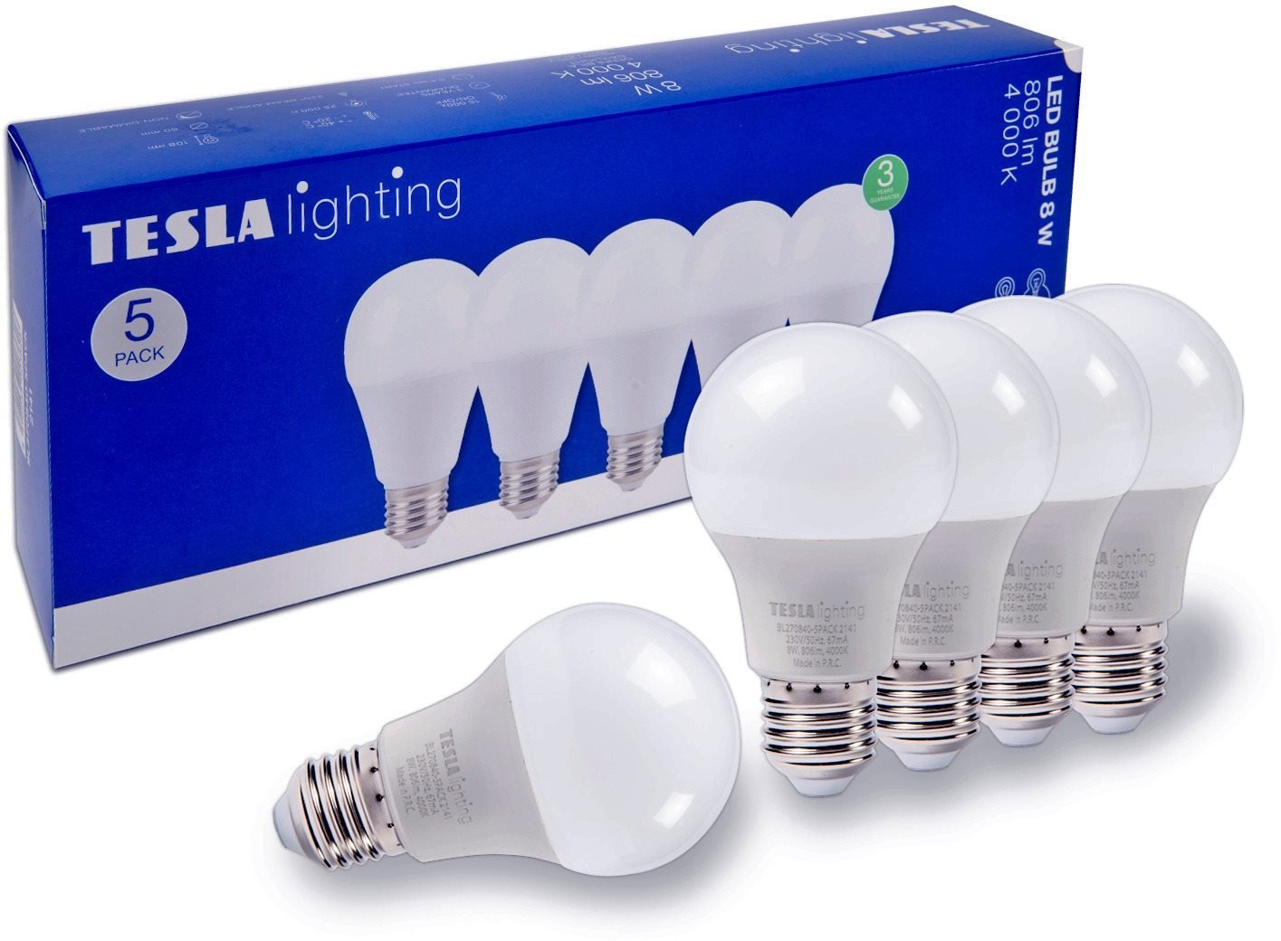 Tesla BULB E27, 8,5 W, 230 V, 806 lm, 25 000 h, 4000K nappali fehér, 220°, 5 db a csomagban