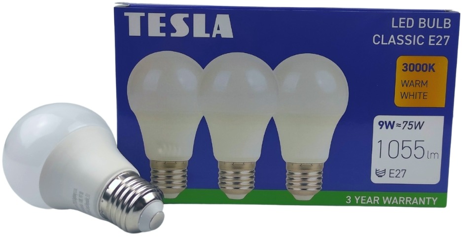 Tesla - LED izzó BULB E27, 9 W, 230 V, 1055 lm, 25000 h, 3000K meleg fehér, 220°, 3 db a csomagban
