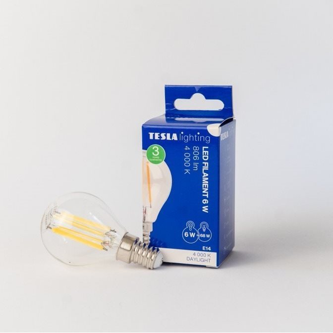 Tesla FILAMENT RETRO mini E14, 6 W, 230 V, 806 lm, 25 000 h, 4000K nappali fehér, 360°, víztiszta