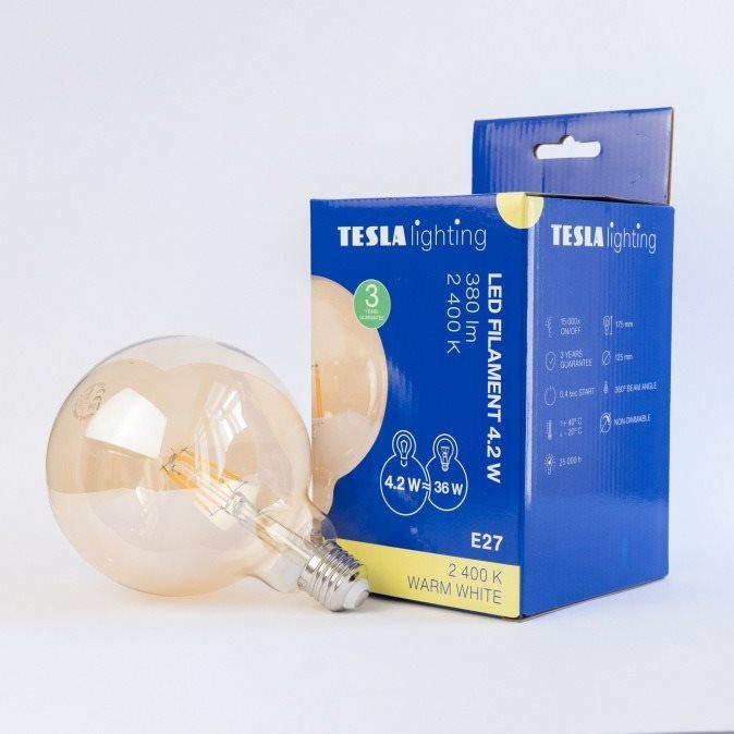 Tesla - LED izzó GLOBE G125 VINTAGE, E27, 4,2 W, 230 V, 380 lm, 2400K, 360°, arany