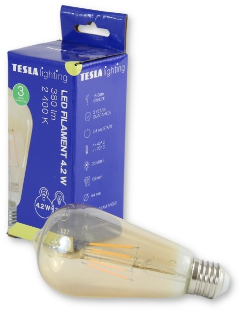 Tesla - LED izzó CONE BULB VINTAGE, E27, 4,2 W, 230 V, 380 lm, 25000 h, 2400K, 360°, arany
