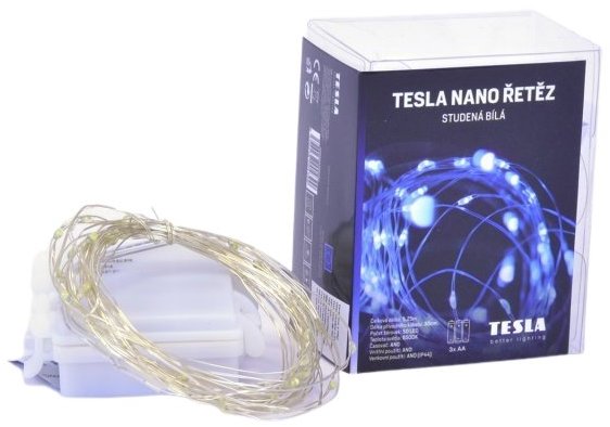 Tesla - nano fényfüzér 50LED, 6500K, 5 m + 30 cm-es kábel, 3x AA elem, diőzítő, IP44
