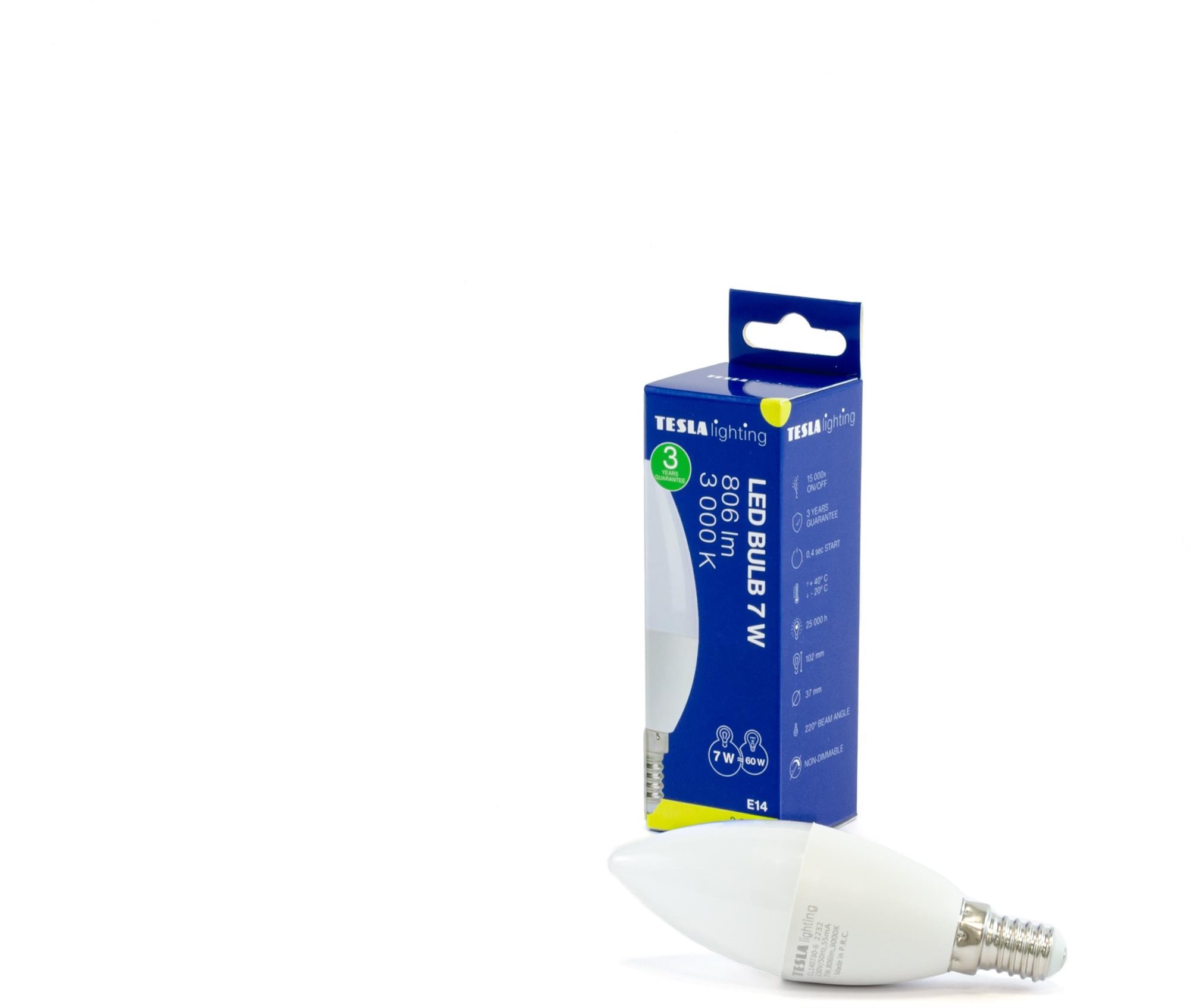 Tesla - LED izzó CANDLE gyertya, E14, 7W, 230V, 806lm, 25 000h, 3000K meleg fehér, 180°